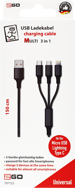 3 in 1 USB Ladekabel für Apple, Android - 1,5m Schwarz 2GO