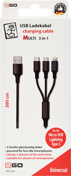 3 in 1 USB Ladekabel für Apple, Android - 3m Schwarz 2GO