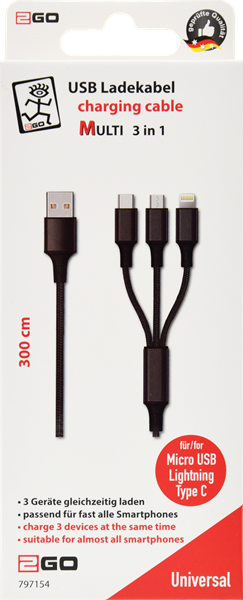 2GO - 3in1 USB Ladekabel schwarz für Micro-USB, Lightn, USB C 3,0 m