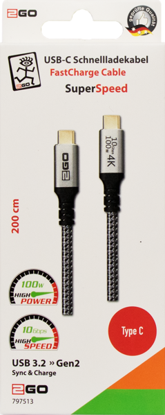 2GO - USB Datenkabel - High Speed - 10GBps - 100W - 200cm