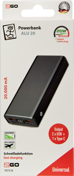 2GO - Powerbank Alu20 20000mA - 2x USB - 1x Type C